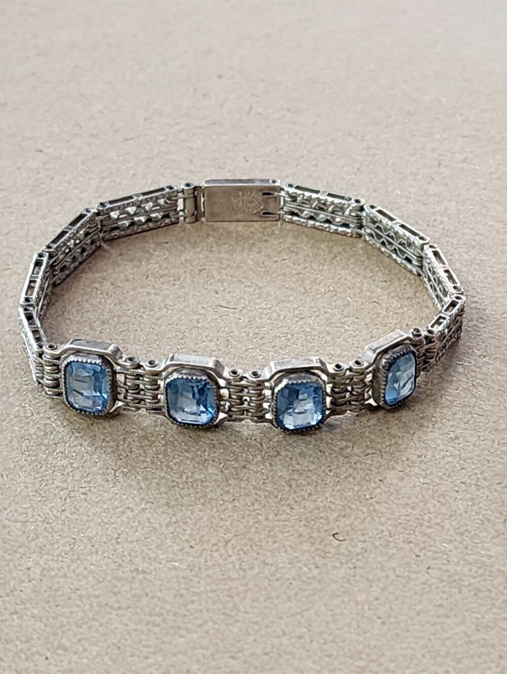 Art Deco Sterling Fiigree Line Bracelet Blue Lab Spinel Wells Sterling Silver 7"
